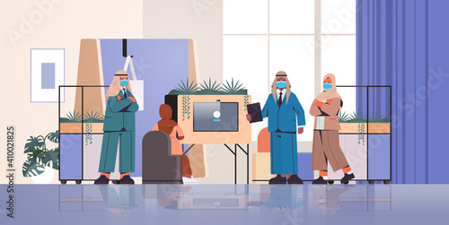 arabic businesspeople in masks making presentation in creative coworking center coronavirus pandemic teamwork concept modern office interior horizontal full length vector illustration