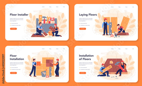 Flooring installer web banner or landing page set. Professional parquet laying