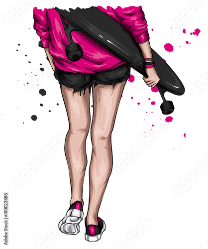 Stylish skater girl. Skateboard. Vector illustration for a postcard or a poster, print for clothes. Street cultures.