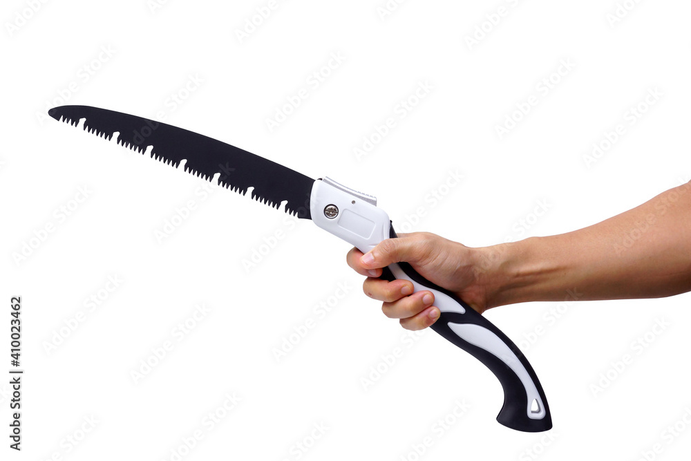 Obraz premium Hand holding a pruning saw isolated on white background