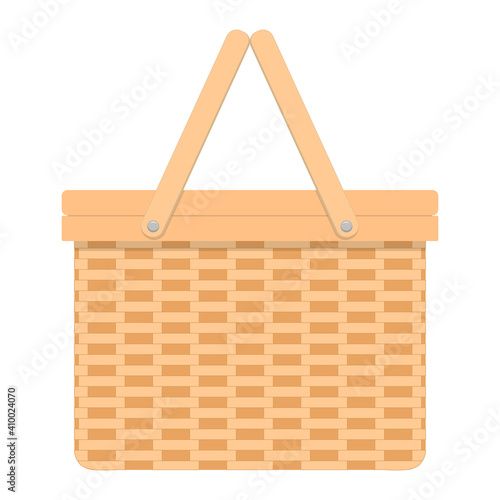 Woven willow picnic basket. Handmade wicker basket with two handles isolated on white background. Vector flat cartoon illustration.