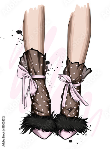 Female legs in stylish shoes with heels and lace socks. Fashion and style, clothing and accessories. Footwear. Vector illustration for a postcard or a poster, print for clothes. Vintage and retro.