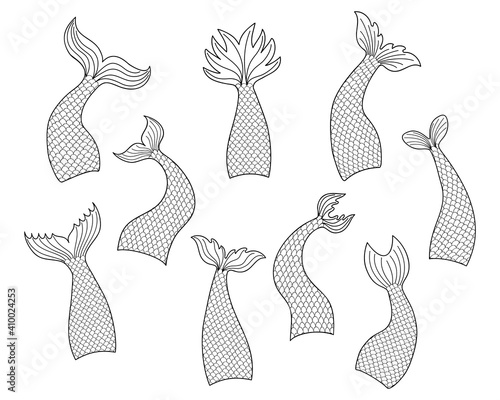 Set of hand drawn mermaid tails in doodle style isolated on white background. Black and white vector outline illustration for print design or coloring books.