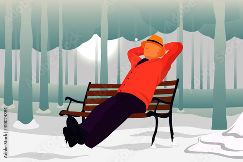 old man sitting on chair enjoying snowfall in park flat illustration clip art