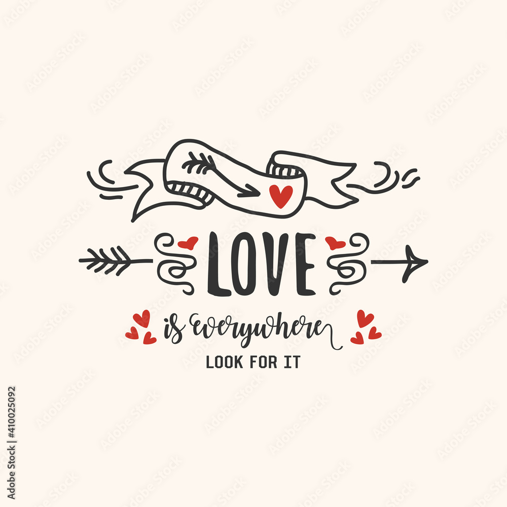 Fototapeta premium Black and red abstract hand drawn LOVE is everywhere ribbon, hearts, and arrows icons on pink background