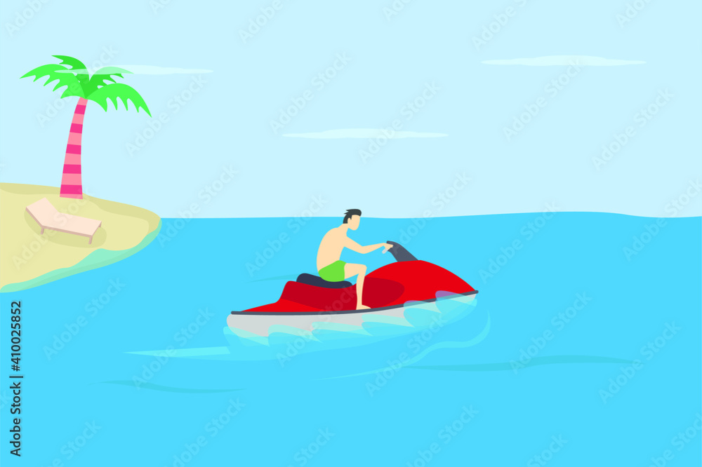 Summer holiday vector concept: Young man rides speed boat in the beach while enjoying summer holiday
