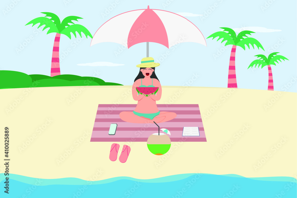 Summer holiday vector concept: Young woman eating fresh watermelon while sitting under the umbrella in the beach