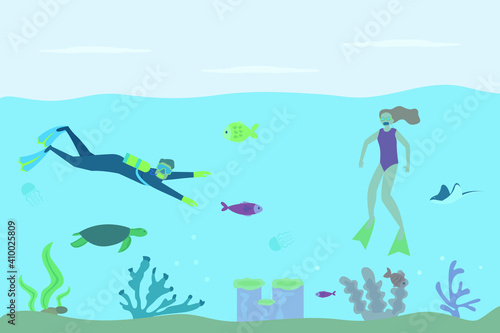 Summer holiday vector concept: Young couple swimming underwater together while enjoying summer holiday