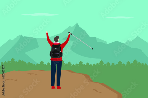 Hiking vector concept: Young man arrives on the peak of the mountain while holding stick 