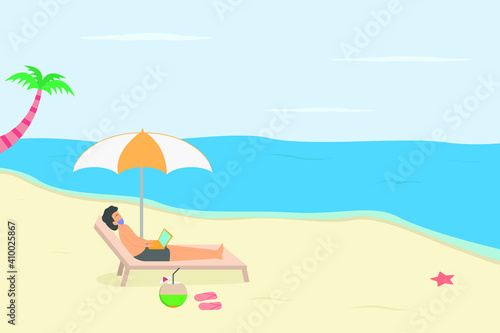 Summer holiday vector concept: Young man using laptop while relaxing in the beach 