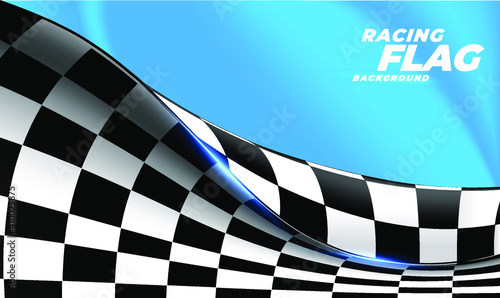 Checkered flag flying on blue background. Car race or motorsport rally flag. 3D wavy pattern background of racing sport, bike or motocross competition, championship design.Vector illustration