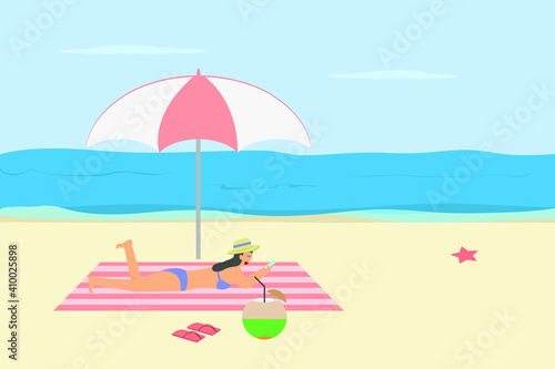 Summer holiday vector concept: Young woman lying on the seashore while playing her mobile phone in the beach