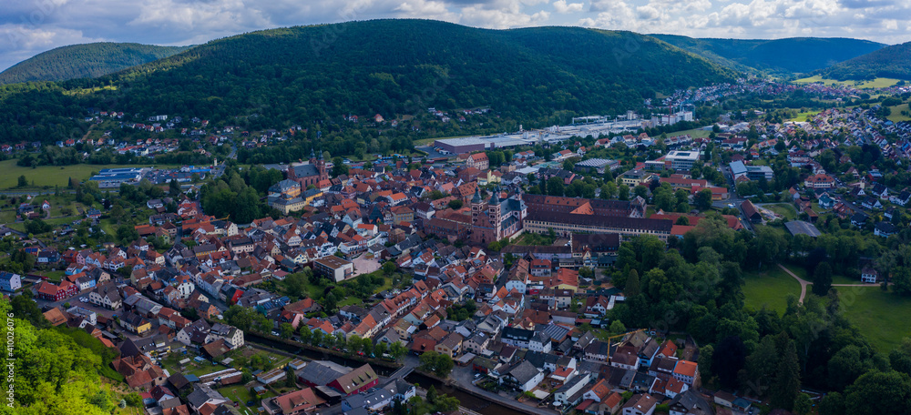 Aeriel view of the city Amorbach in Germany on a cloudy spring morning.	