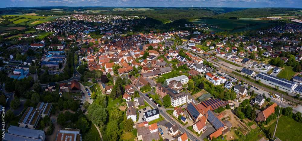 Aeriel view of the old town of the city Buchen in Germany on sunny day in spring	