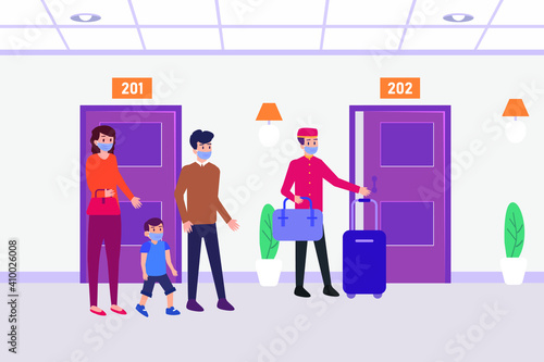Hotel vector concept: Young family delivered to their room in hotel by bellboy 