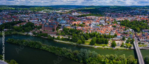 Aeriel view of the city Aschaffenburg in Germany on a cloudy noon in spring. 