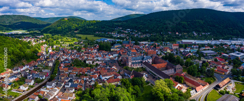 Aeriel view of the city Amorbach in Germany on a cloudy spring morning.	 photo