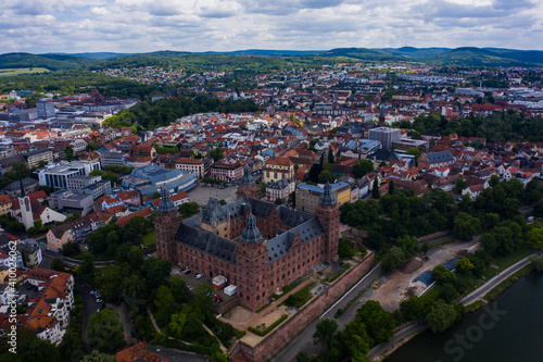 Aeriel view of the city Aschaffenburg in Germany on a cloudy noon in spring. 
