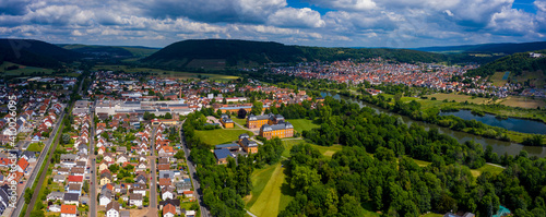 Aeriel view of the city Kleinheubach in Bavaria on a cloudy day in spring. 