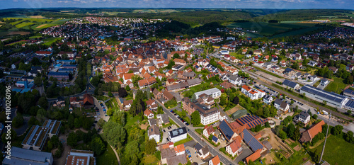 Aeriel view of the old town of the city Buchen in Germany on sunny day in spring 