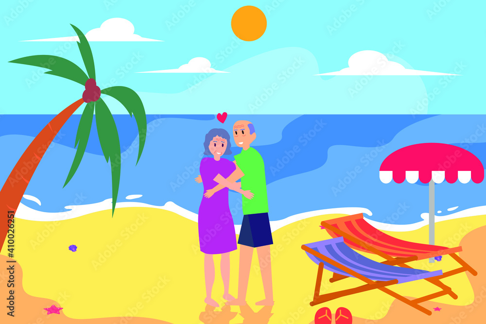 Hugging vector concept: Senior couple hugging in the beach while enjoying quality time together