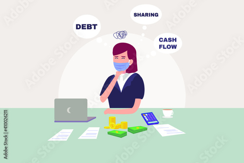Confused businesswoman cartoon character wearing face mask while calculating her cash flow with money, laptop, and calculator on desk