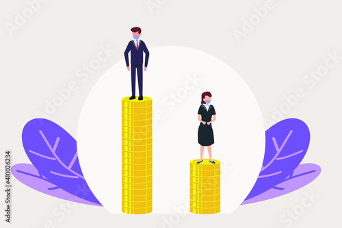 Businessman and businesswoman are standing on stacks of coins representing wages level. Gender gap and inequality in salary