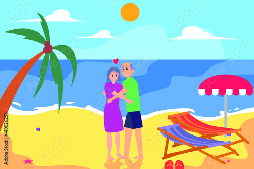 Hugging vector concept  Senior couple hugging in the beach while enjoying quality time together