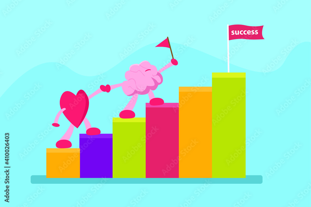 Brain cartoon character leading heart to climbing the graph and gain the success flag Brain cartoon character leading heart to climbing the graph and gain the success flag
