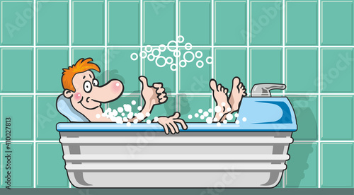 A satisfied man takes a bubble bath. Medical procedures in the sanatorium. Flat infographics. Vector illustration in cartoon style