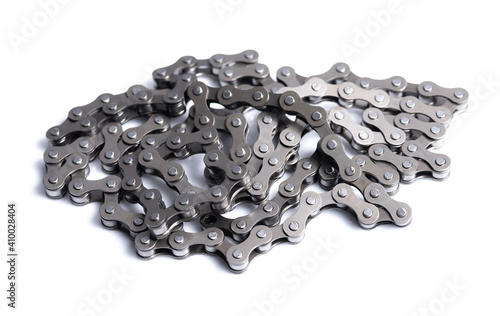 Bicycle roller chain on white background photo