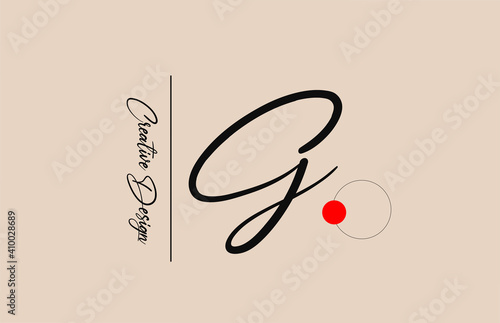 G alphabet logo letter for business. Elegant creative font for corporate identity and lettering. Company branding icon with red dot and handwritten design