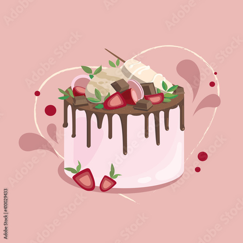 Greeting card with cake decorated with ice cream, chocolate, strawberries and cookies.
