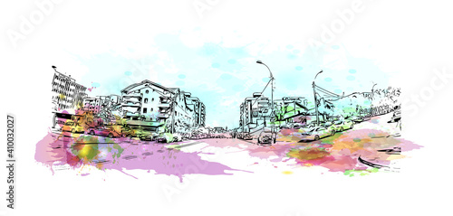 Building view with landmark of Cluj Napoca is the
city in Romania. Watercolor splash with hand drawn sketch illustration in vector.