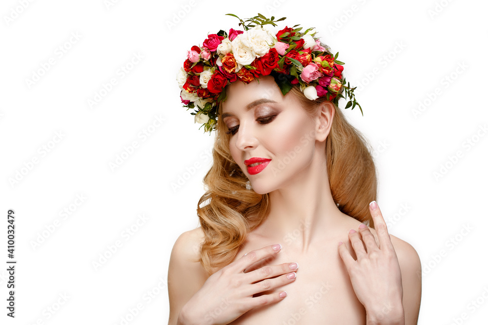 Girl with flowers. Woman with spring blooming wreath. Model and flowers. Summer lady 