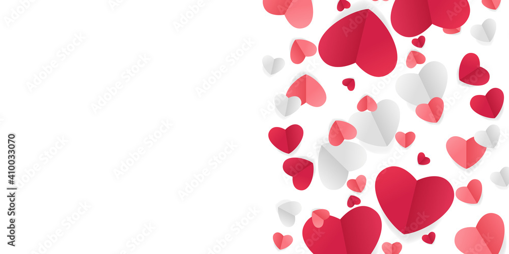 Red, pink and white hearts with golden confetti isolated on transparent background. Vector illustration. Paper cut decorations for Valentine's day design. Love heart shape background with paper cut