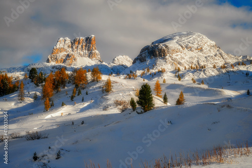 Winter view in the Passo Flazarego mountain range, in the Italian Alps, Dolomites, Italy 