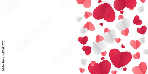 Red, pink and white hearts with golden confetti isolated on transparent background. Vector illustration. Paper cut decorations for Valentine's day design. Love heart shape background with paper cut