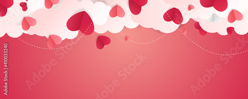 Valentines sale vector banner template. Valentines day store discount promotion with white space for text and hearts elements in red background. Vector illustration. 