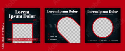 black food and restaurant social media pack for steak, hotel, delivery industry. Vector design can be used for website, web page, poster, flyer, background, billboard, print letter, invitation, ads