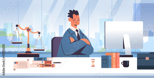male lawyer sitting at workplace legal law advice and justice concept legal adviser working on computer modern office interior portrait horizontal vector illustration