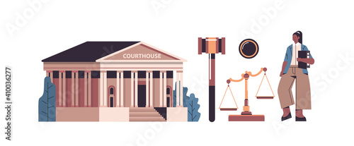 law and justice set female lawyer and courthouse govel scales icons collection horizontal full length isolated vector illustration