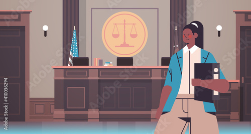 female lawyer holding judge book legal law advice justice concept court interior portrait horizontal vector illustration
