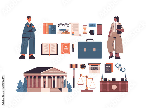 law and justice set mix race man woman lawyers and icons collection horizontal full length isolated vector illustration