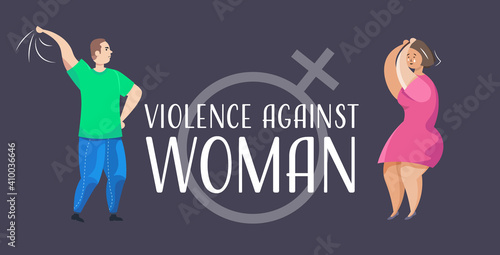 angry husband punching and hitting wife stop domestic violence and aggression against women concept horizontal full length vector illustration