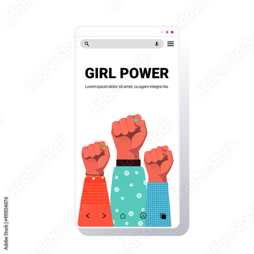 mix race raised up women's fists female empowerment movement girl power union of feminists concept smartphone screen copy space vector illustration