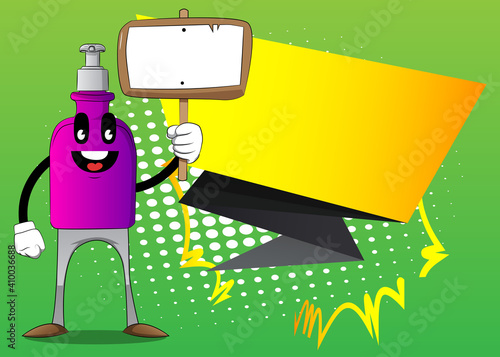 Cartoon bottle of hand sanitizer gel for hygiene with face holding blank sign.