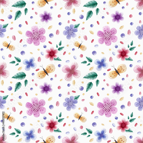 watercolor pattern Happy Easter. butterflies and spring flowers. 
