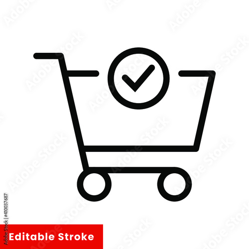 Shopping cart and check mark icon. Simple line style for web and app. Trolley symbol on white background. Vector Illustration. Editable stroke EPS10