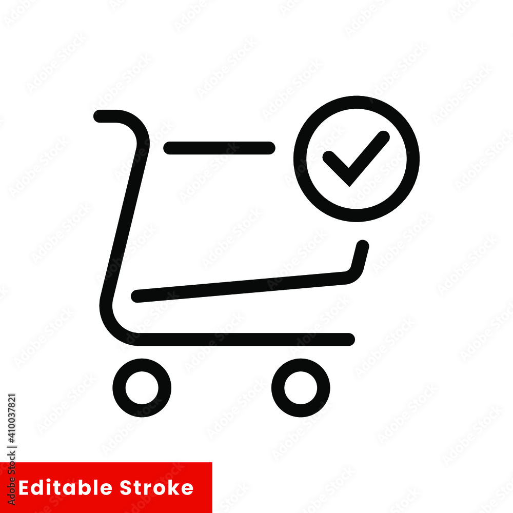 Shopping cart and check mark icon. Simple line style for web and app. Trolley symbol on white background. Vector Illustration. Editable stroke EPS10 Shopping cart and check mark icon. Simple line style for web and app. Trolley symbol on white background. Vector Illustration. Editable stroke EPS10